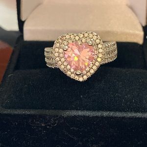 Pink heart halo ring, CZ and 925